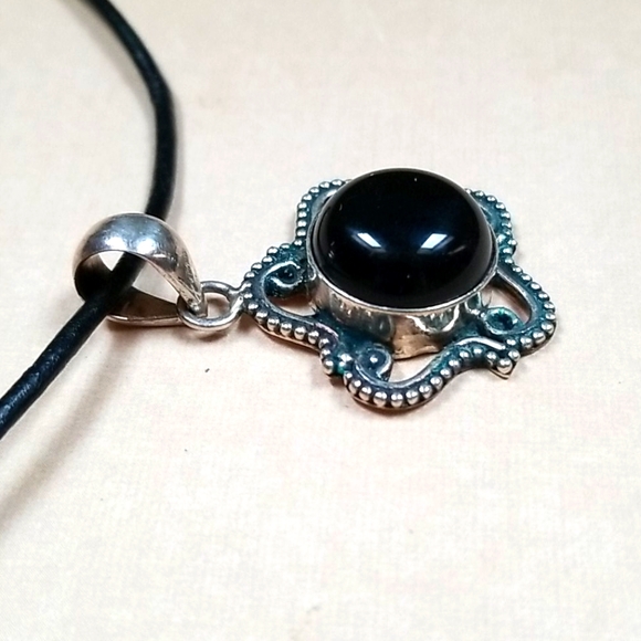 Vintage Onyx 925 Sterling Silver Leather Cord Pendant Necklace - Picture 14 of 15